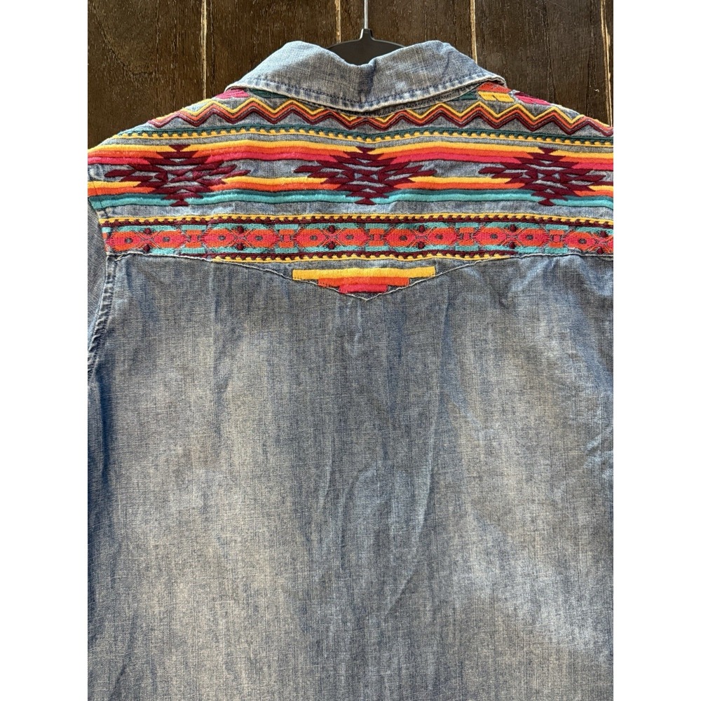 Stetson Womens L Chambray Western Shirt Aztec Embroidered Back Yoke Denim Top
